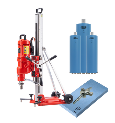 Red and blue drilling machine with accessories on a white background